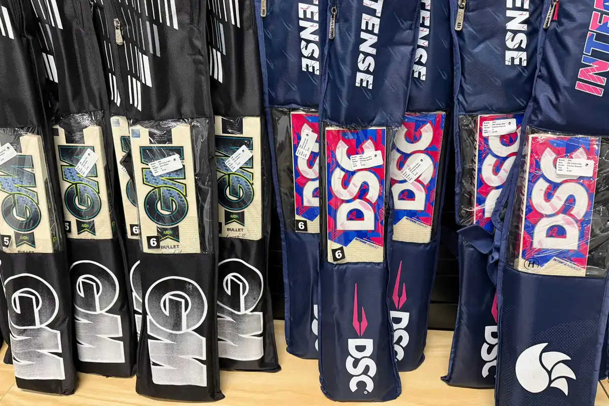 Inside the Pakenham store: bats racked along the wall.